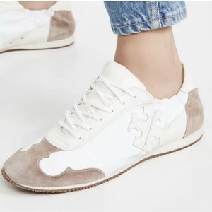 Tory Burch White and Beige Suede-Trim Sneakers